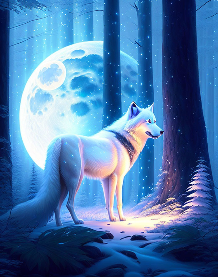 White wolf in mystical forest under luminous full moon