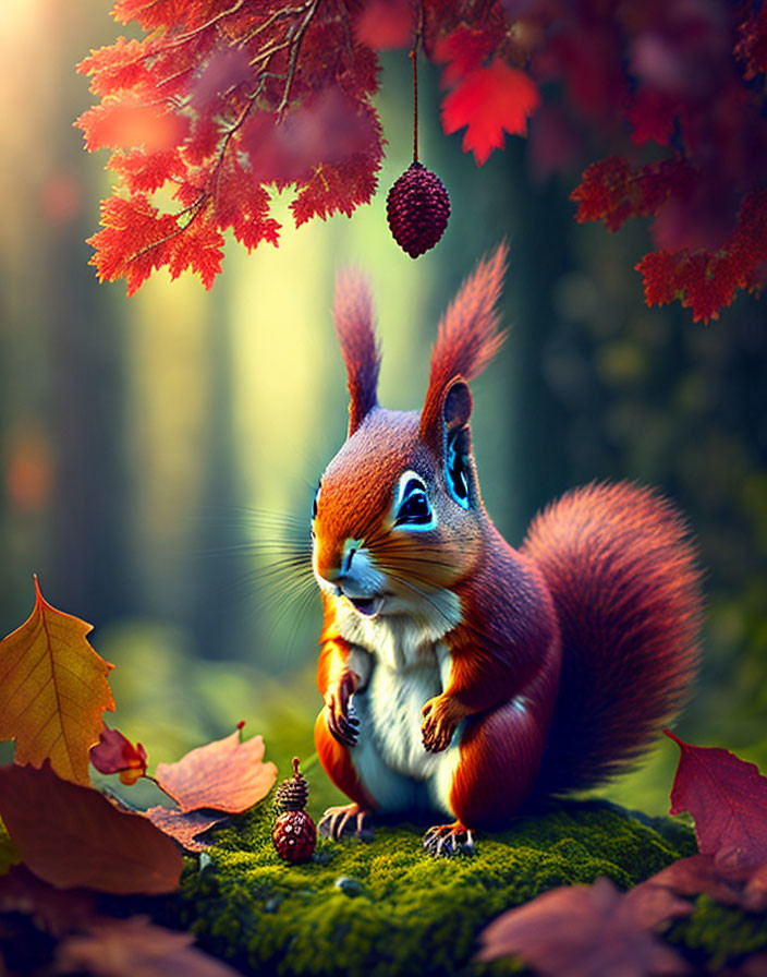 Squirrel on mossy ground under autumn leaves and red canopy.