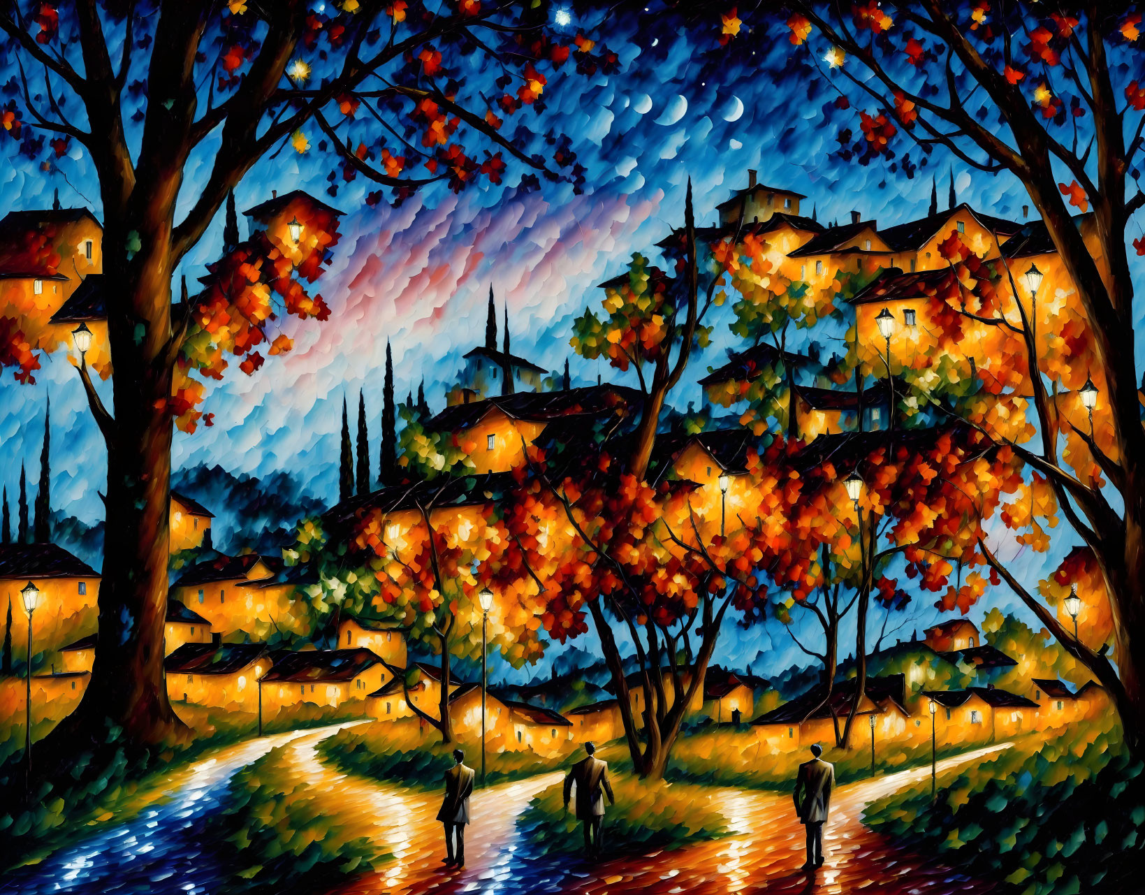 Colorful autumn village scene at dusk with illuminated houses and winding path