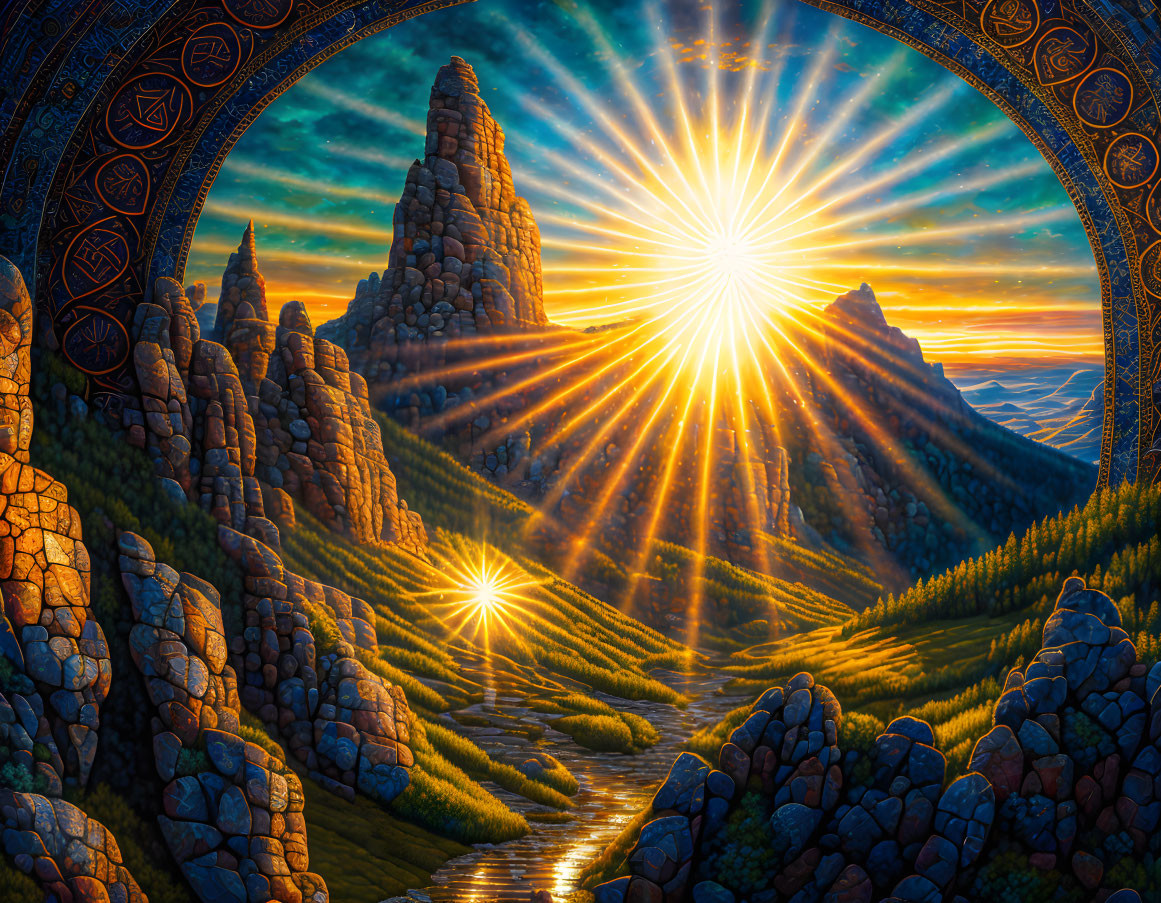 Fantasy landscape with radiant sunrise, stone formations, greenery, and circular arch