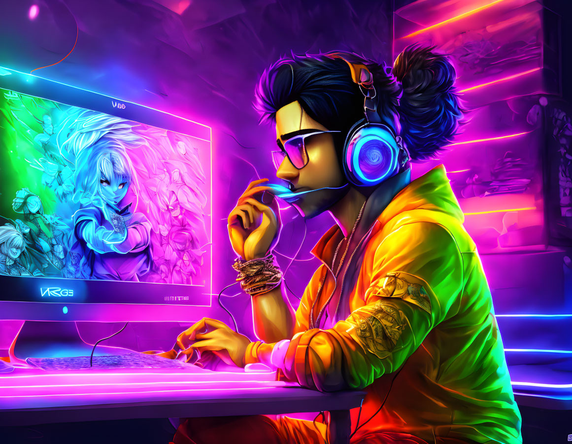 Colorful Gaming Scene: Person with Headphones at Neon Desk