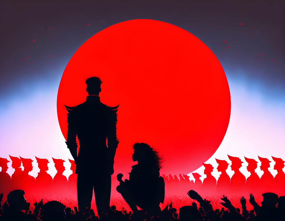 Stylized concert scene with male and female performers, ecstatic crowd, and red sun circle