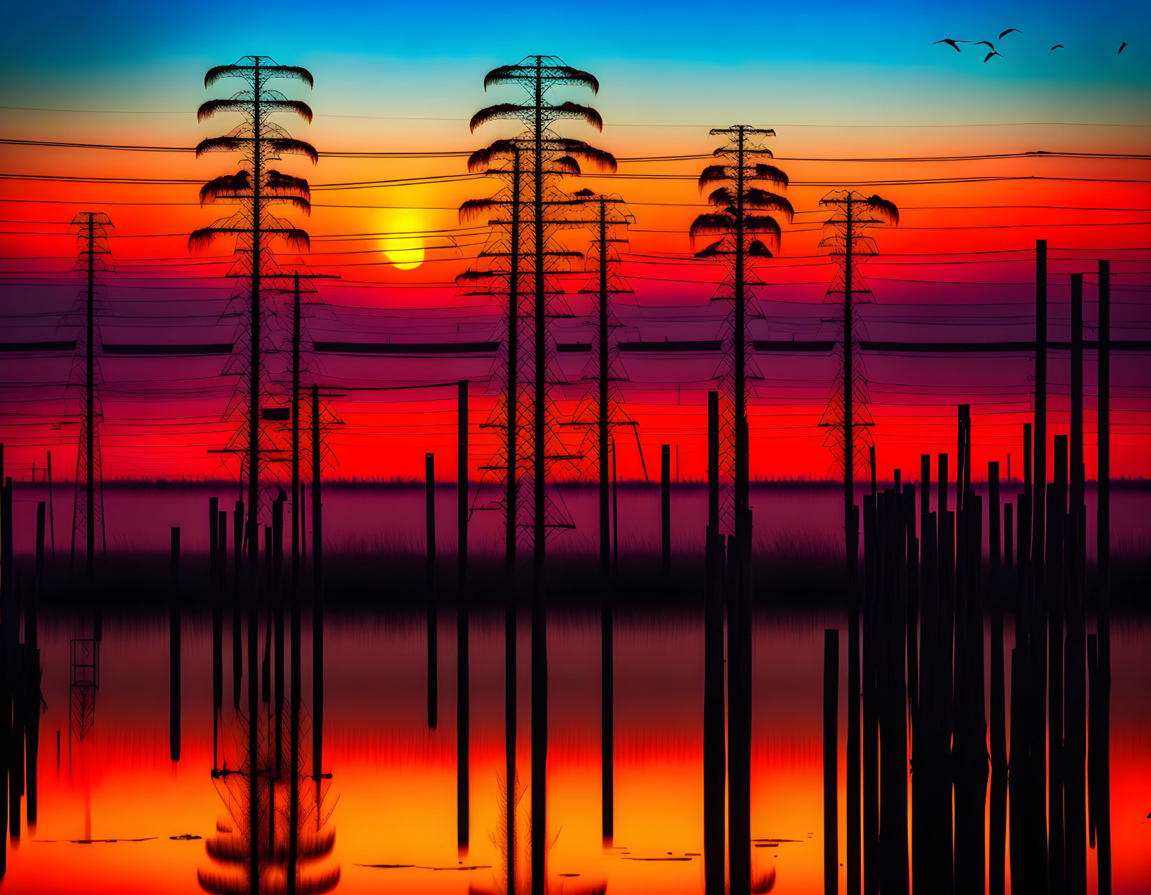 Colorful sunset with power lines, trees, water reflection, and flying birds.