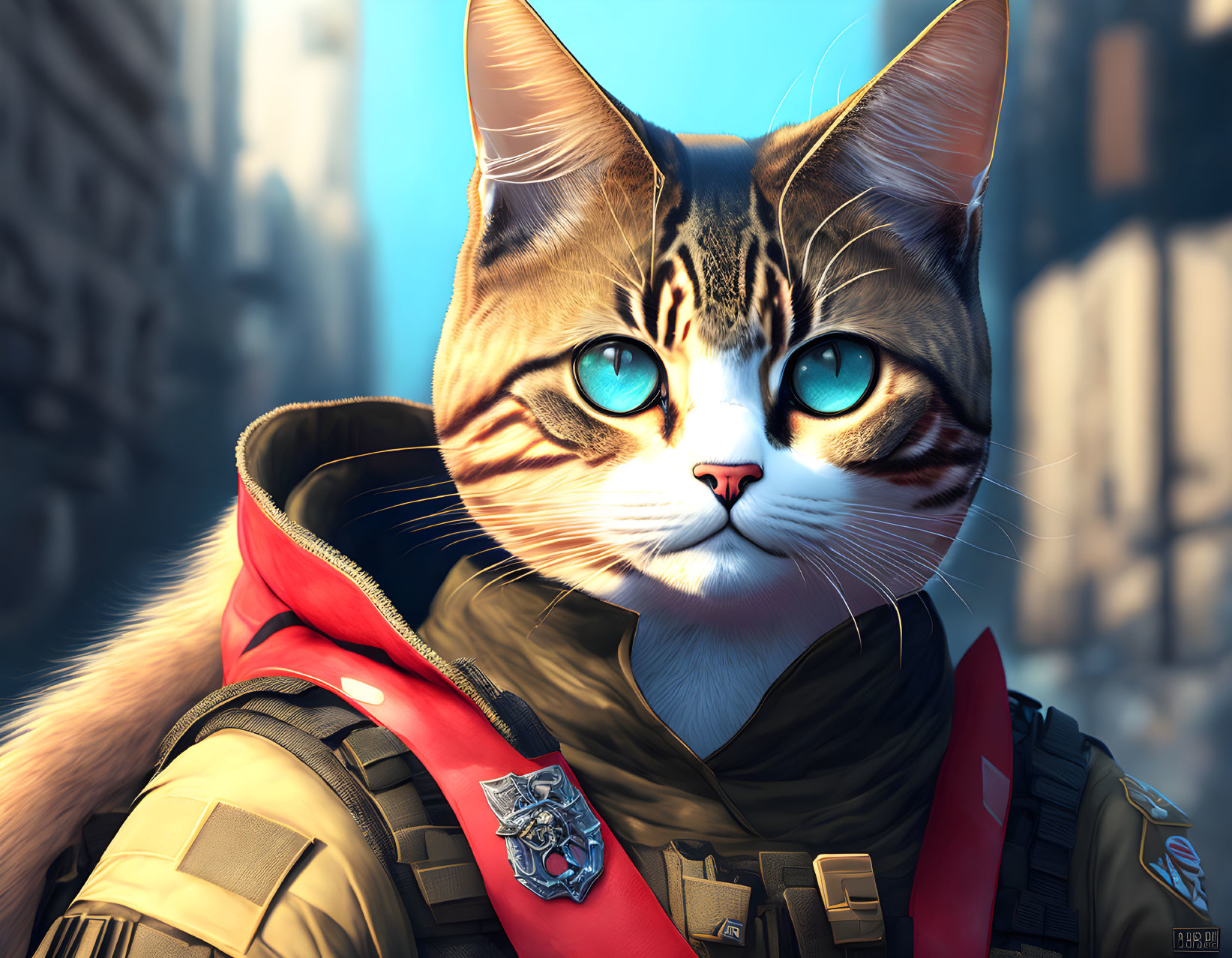 Anthropomorphic cat digital art with blue eyes in tactical vest and red scarf, cityscape backdrop