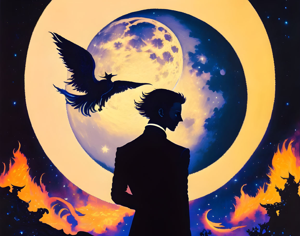 Silhouetted man with bird against large moon and fiery sky