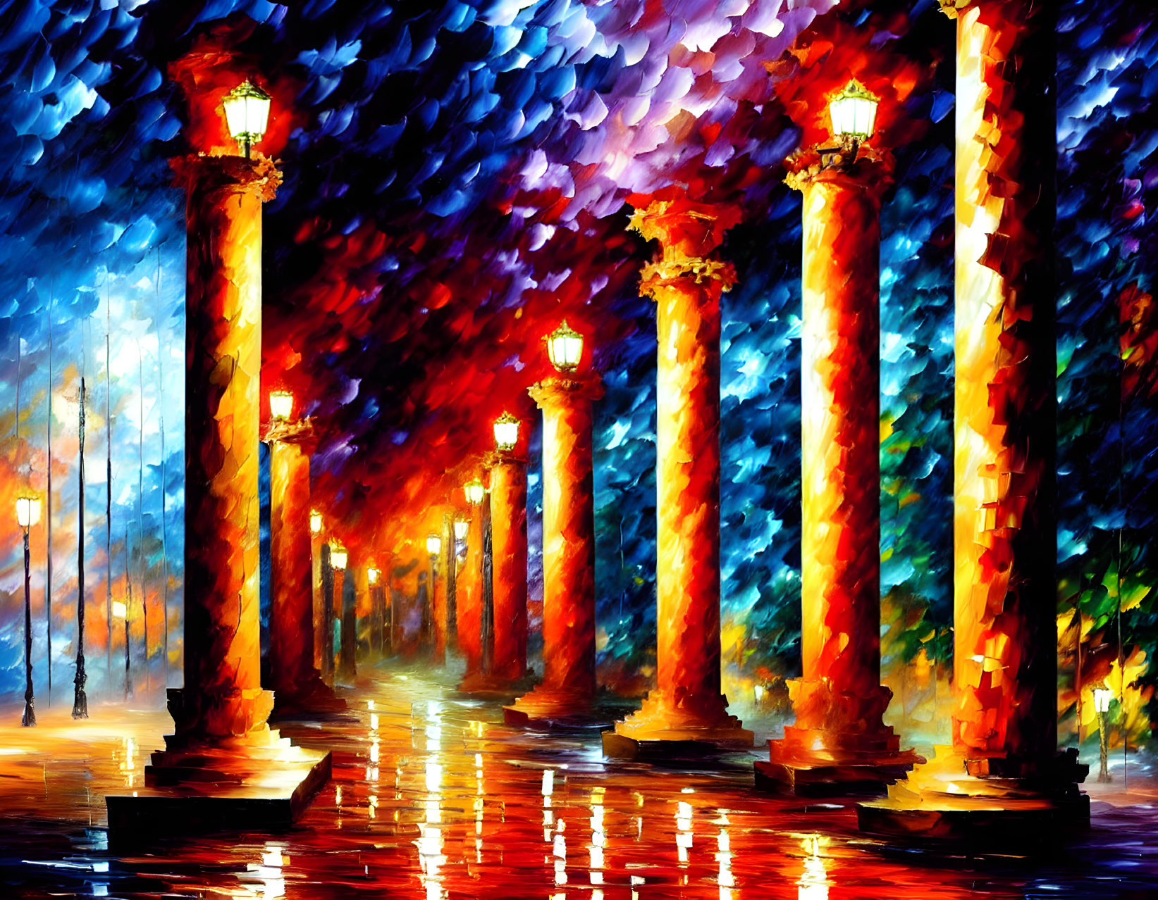 Rain-soaked promenade painting with illuminated lamp posts