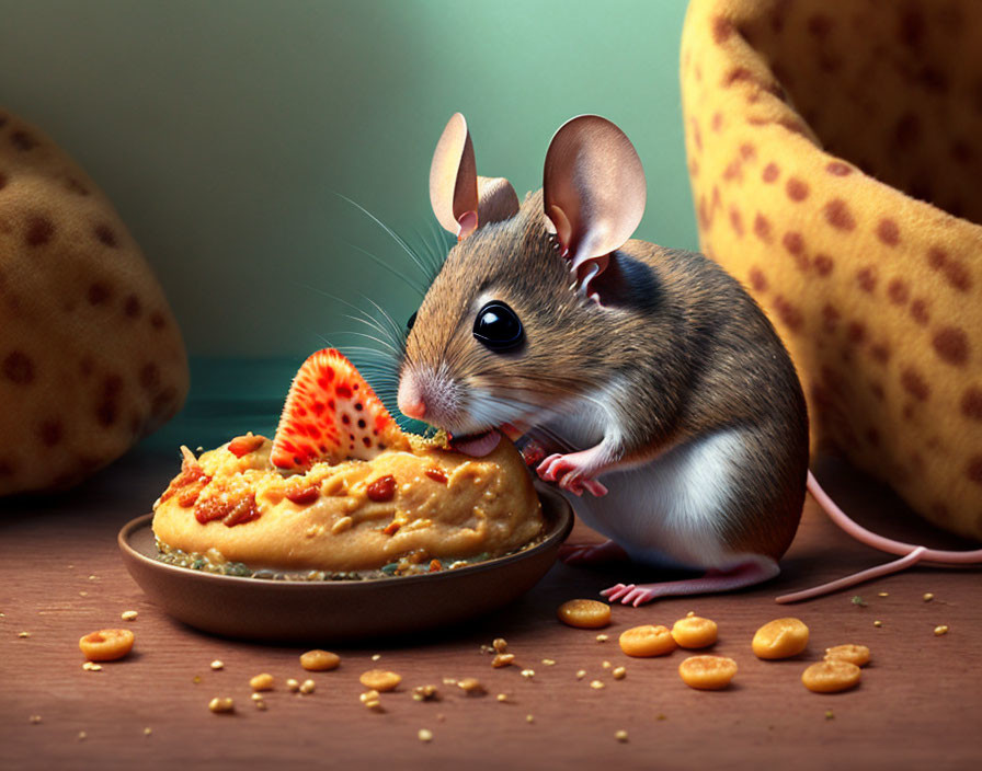 Realistic mouse nibbling on cracker next to cake slice with strawberry