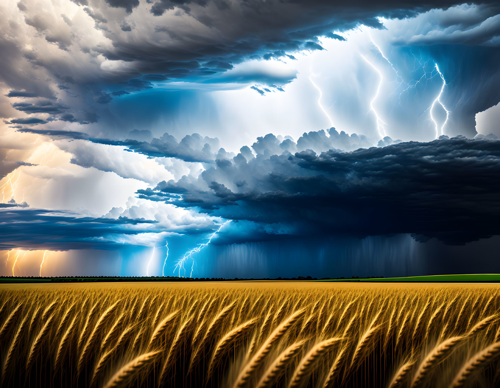 Dramatic storm scene with lightning strikes over golden wheat field