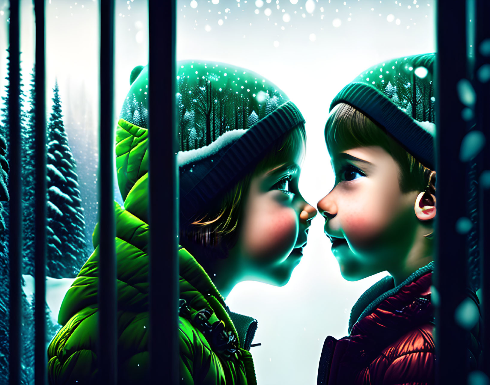 Children in winter hats and jackets touching noses in snowy forest scene