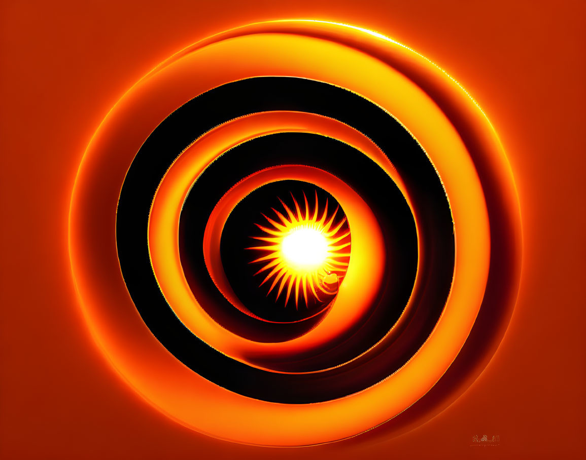 Abstract Digital Art: Glowing Orange and Black Circles with Central Sun