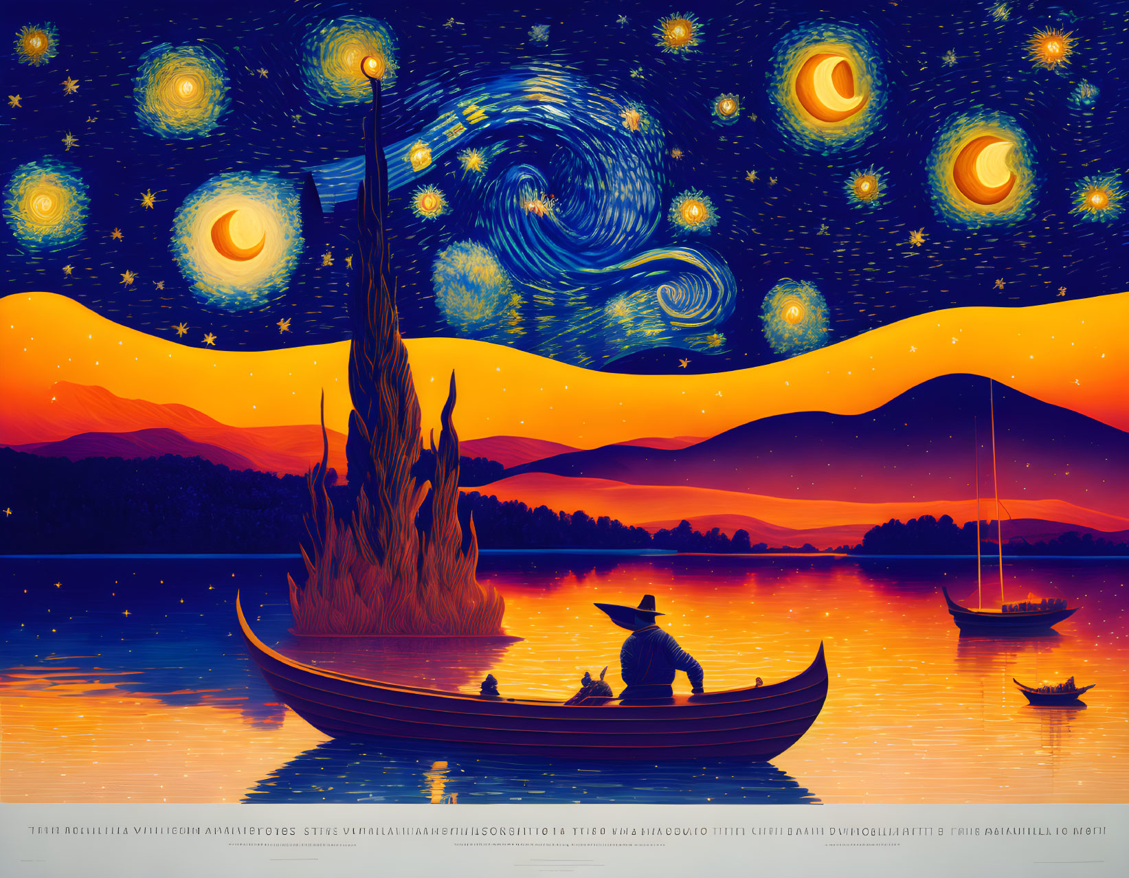 Artistic fusion: Starry Night meets tranquil lake with boats, fisherman, and celestial reflections.