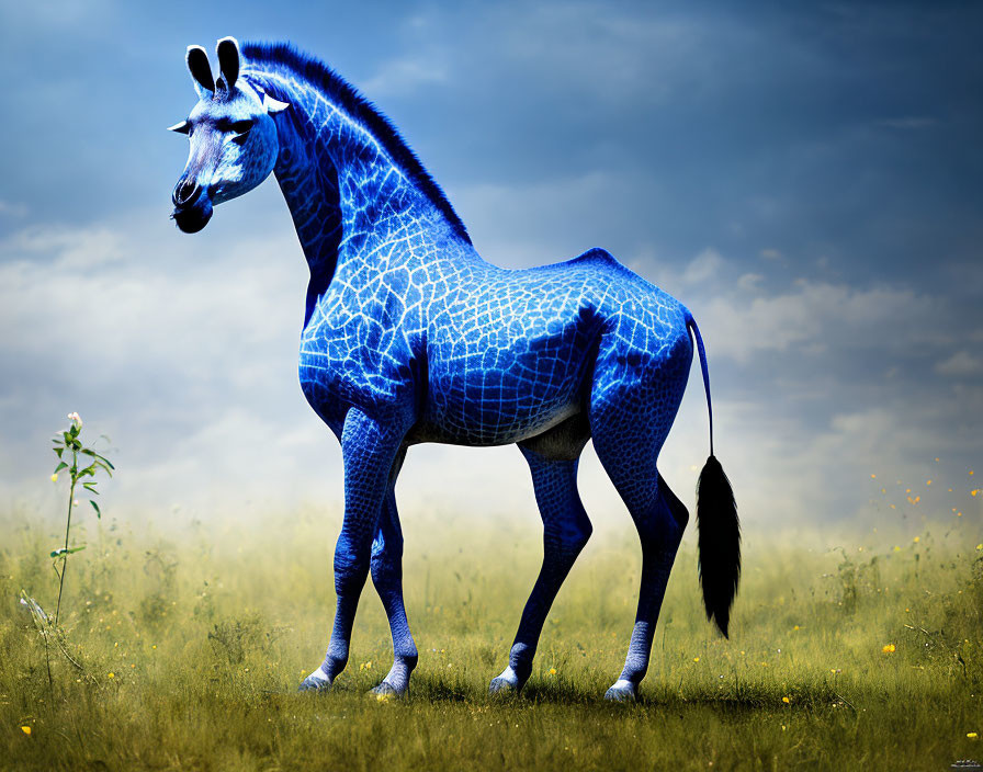 Surreal blue giraffe-horse hybrid in grassy field under cloudy sky