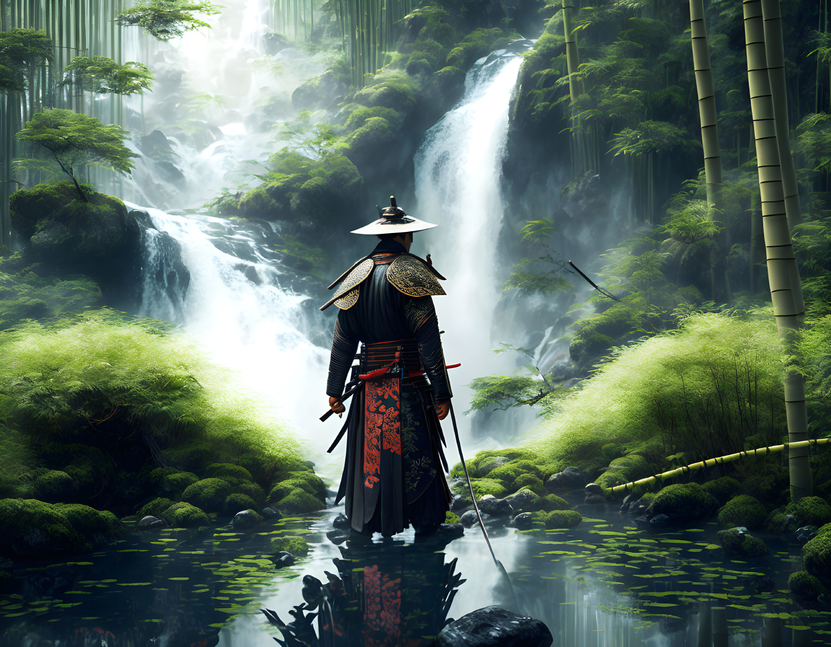 Samurai in Bamboo Forest with Waterfall