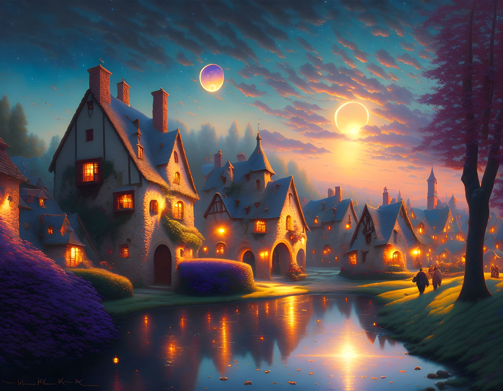 Enchanting village scene with illuminated cottages, river, starlit sky, and dual moons