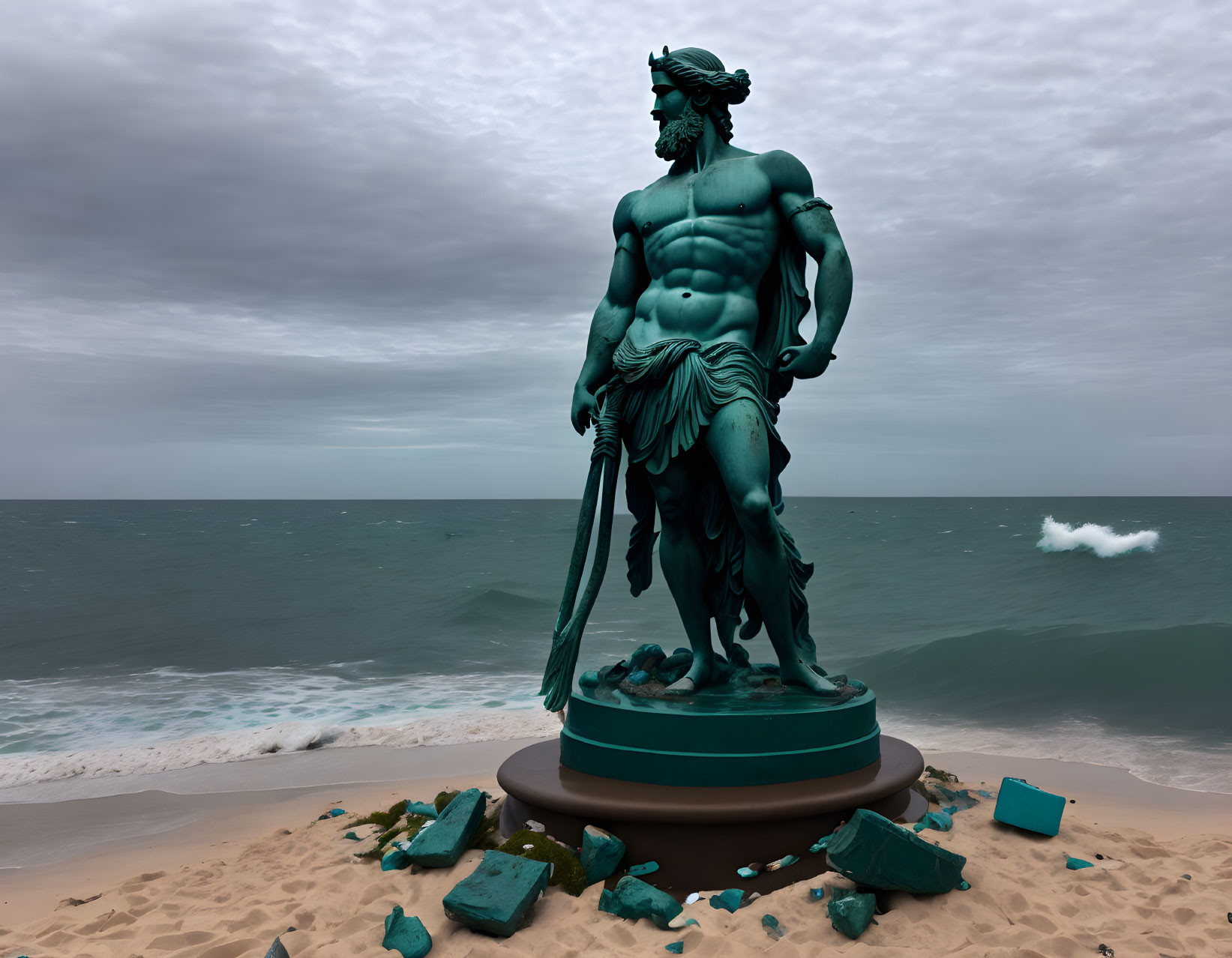 Bearded male figure bronze statue on beach with rough sea and cloudy skies