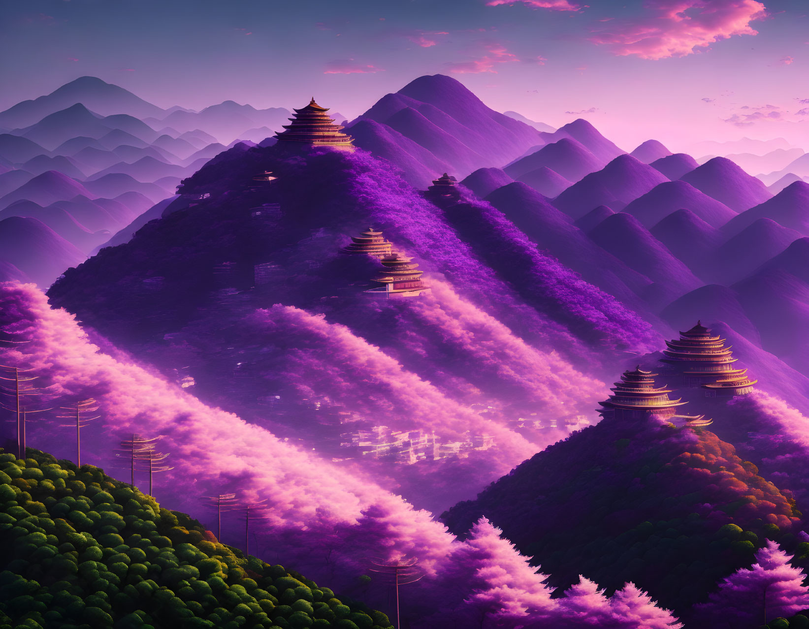 Digital art of mystical mountain landscape with purple foliage and pagodas at sunrise or sunset