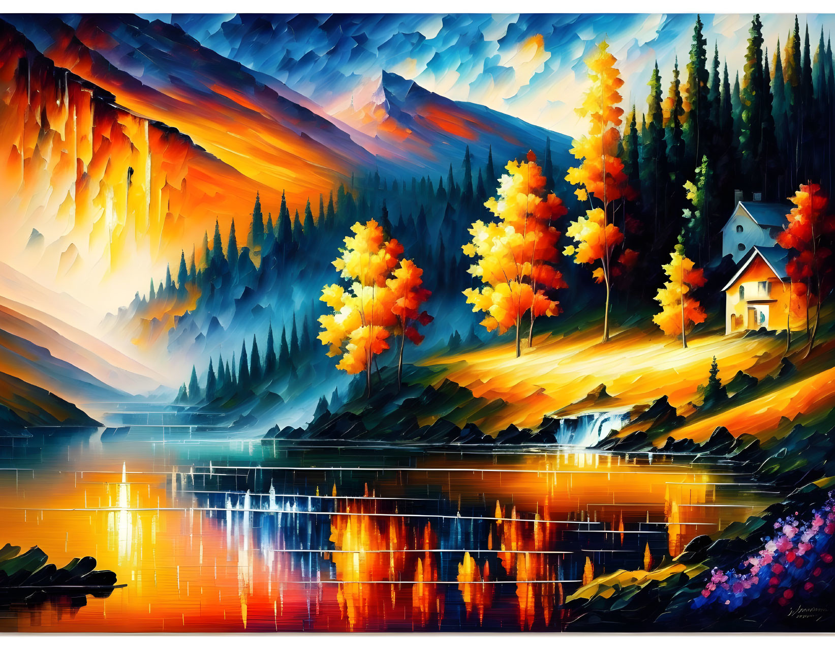 Serene lake with autumn trees, waterfall, house, mountains, and fiery sunset sky