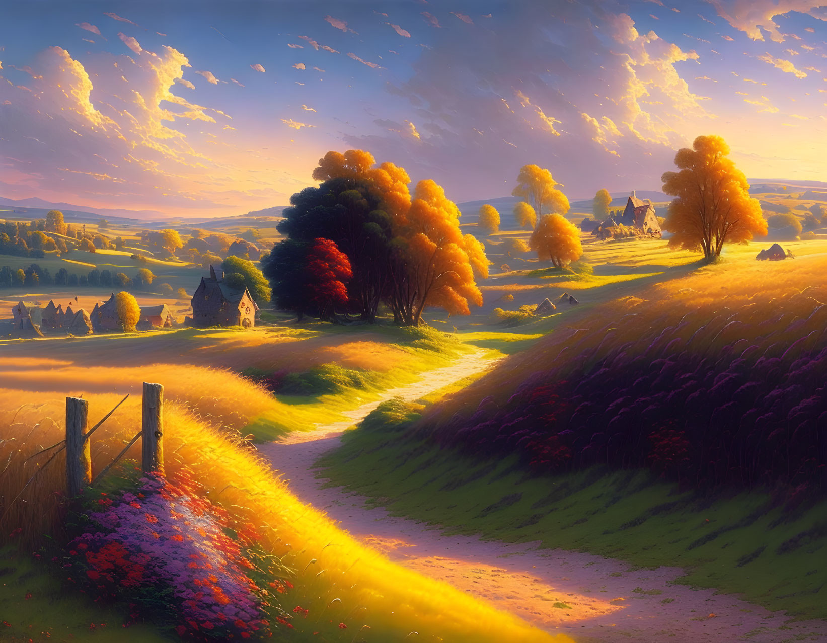 Vibrant sunset landscape: winding path, colorful flowers, autumn trees.