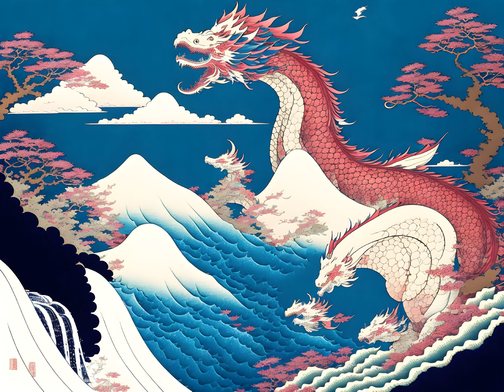 Colorful Asian dragon amidst cherry blossoms and waves in blue sky