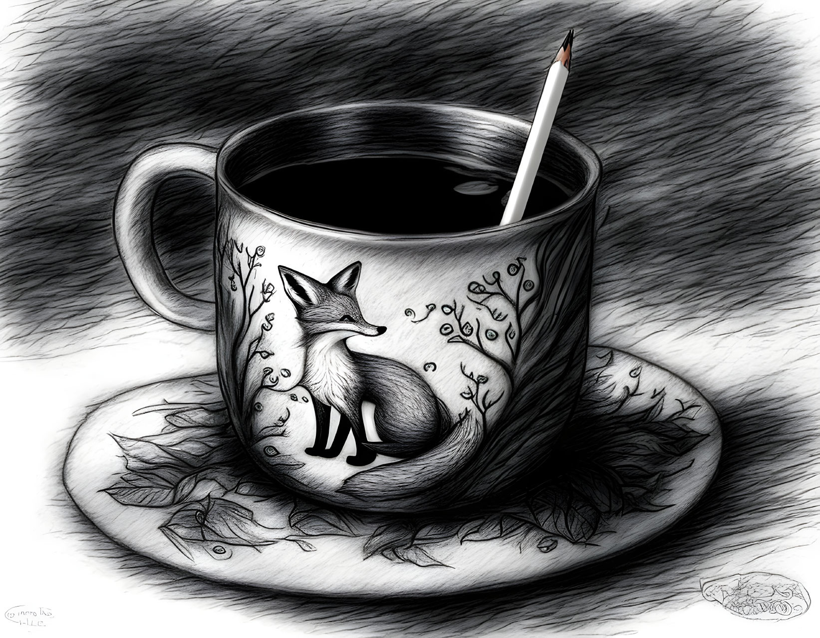 Monochrome sketch style pencil, fox mug, leaves saucer