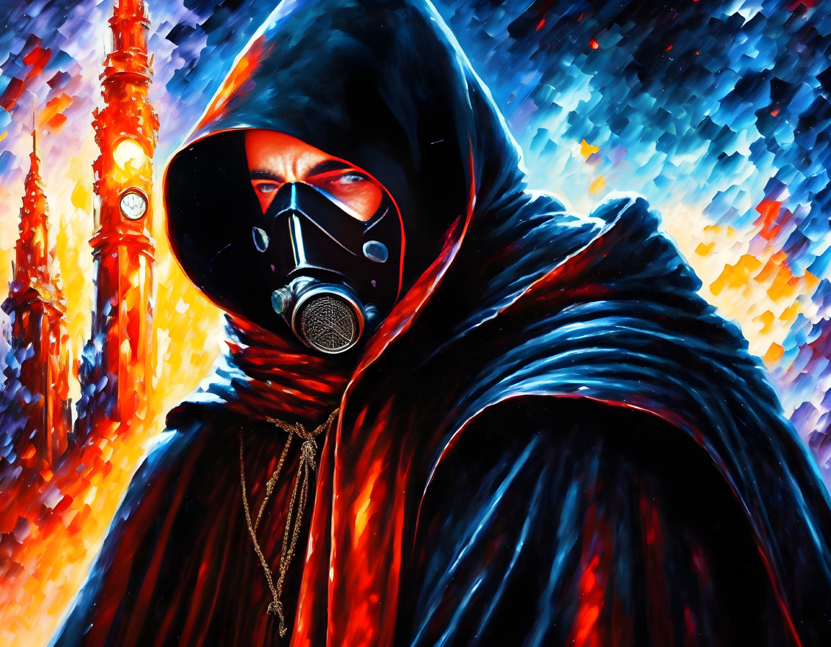 Colorful artwork: Person in dark hood with gas mask on fiery blue abstract backdrop