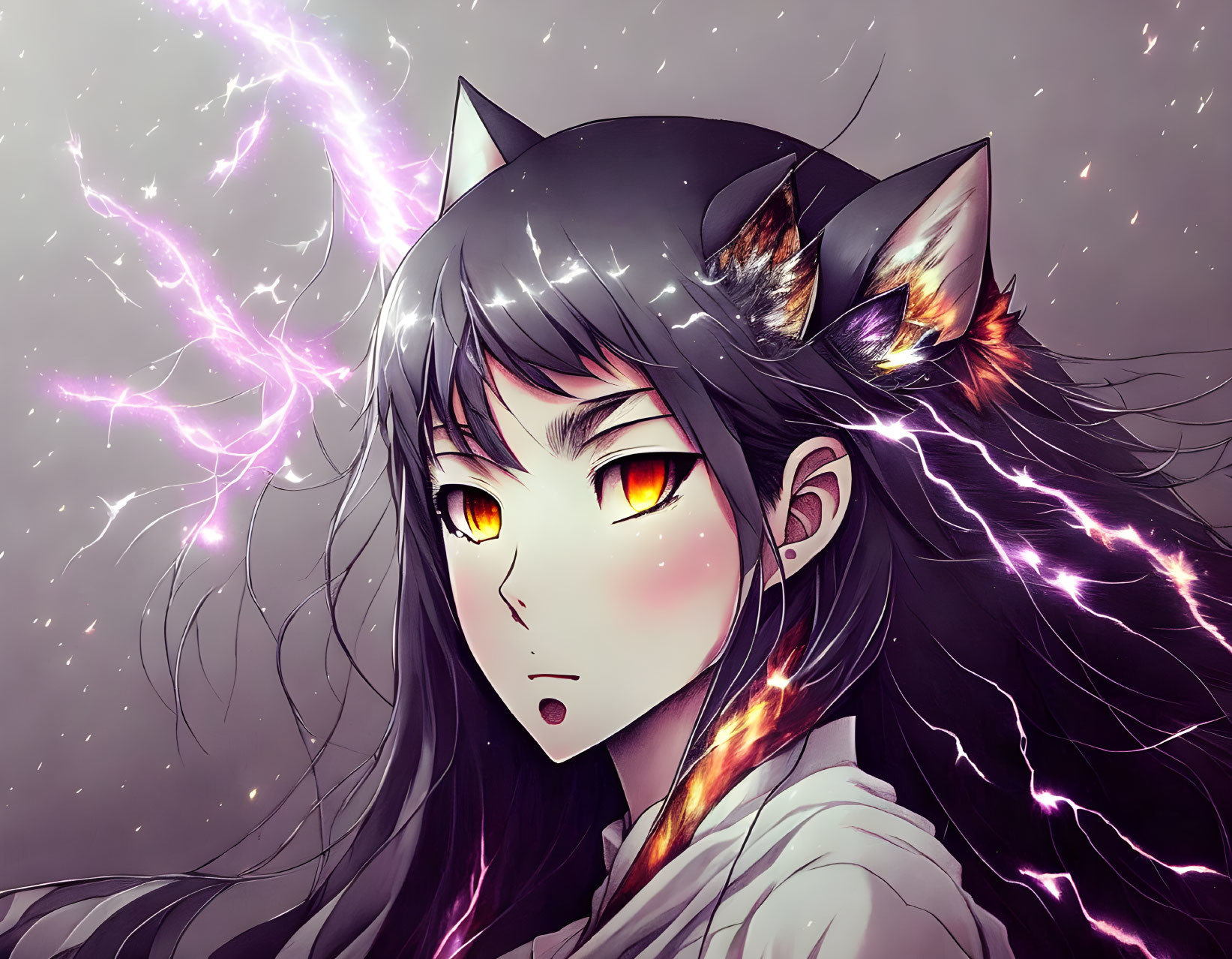 Anime-style character with cat ears, golden eyes, long black hair, lightning backdrop