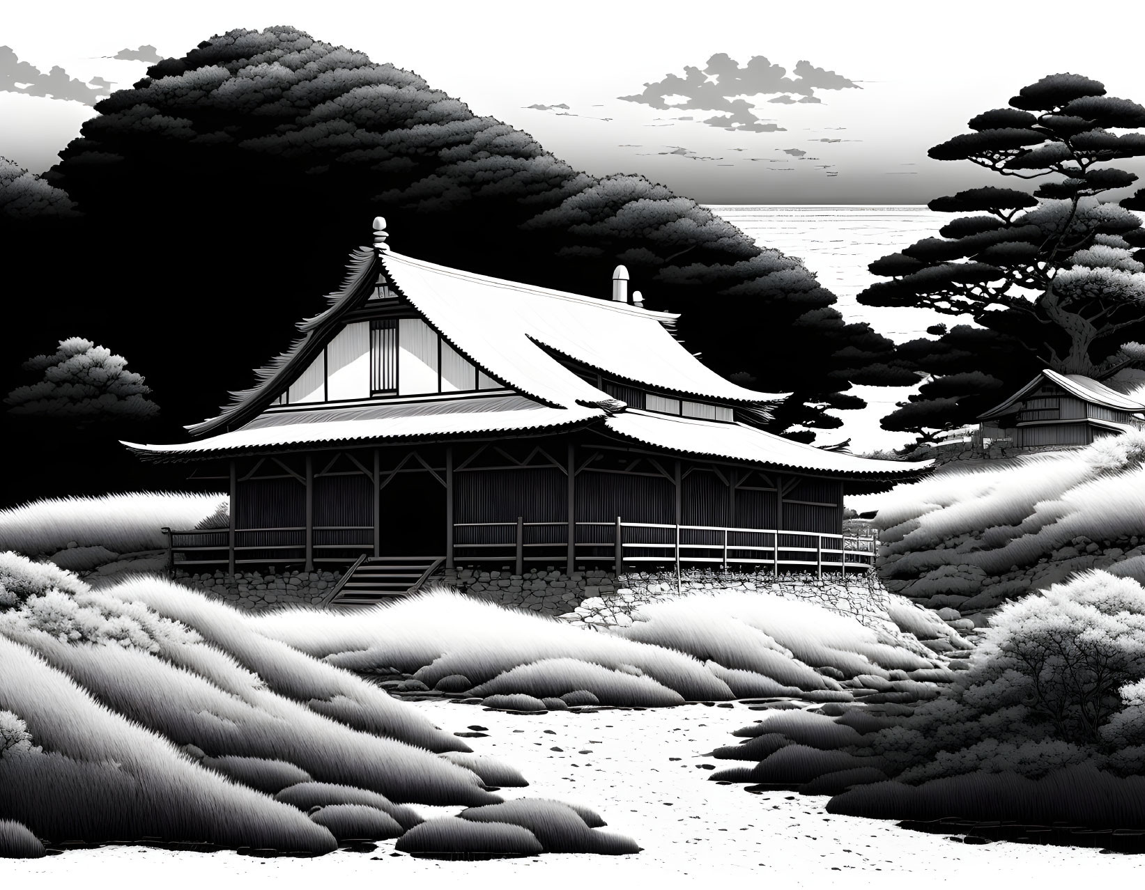 Monochrome illustration of Japanese house, pine trees, and tranquil sea