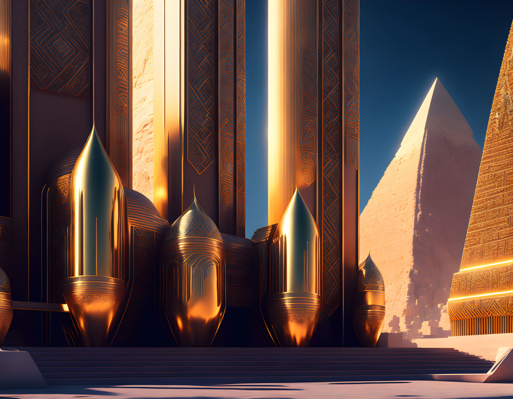 Golden Egyptian structures with modern sci-fi design