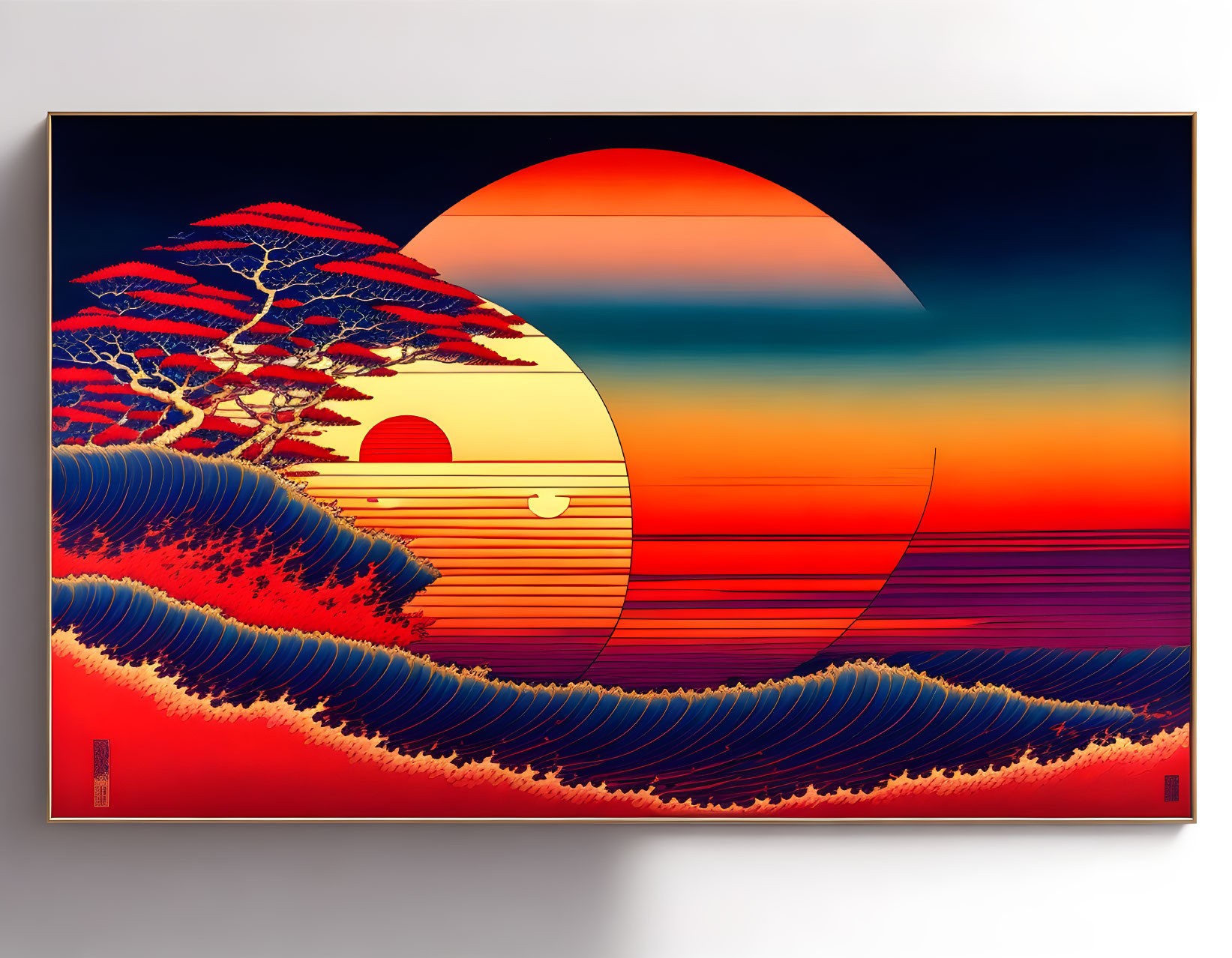 Stylized red sun setting over ocean with Japanese waves and red tree