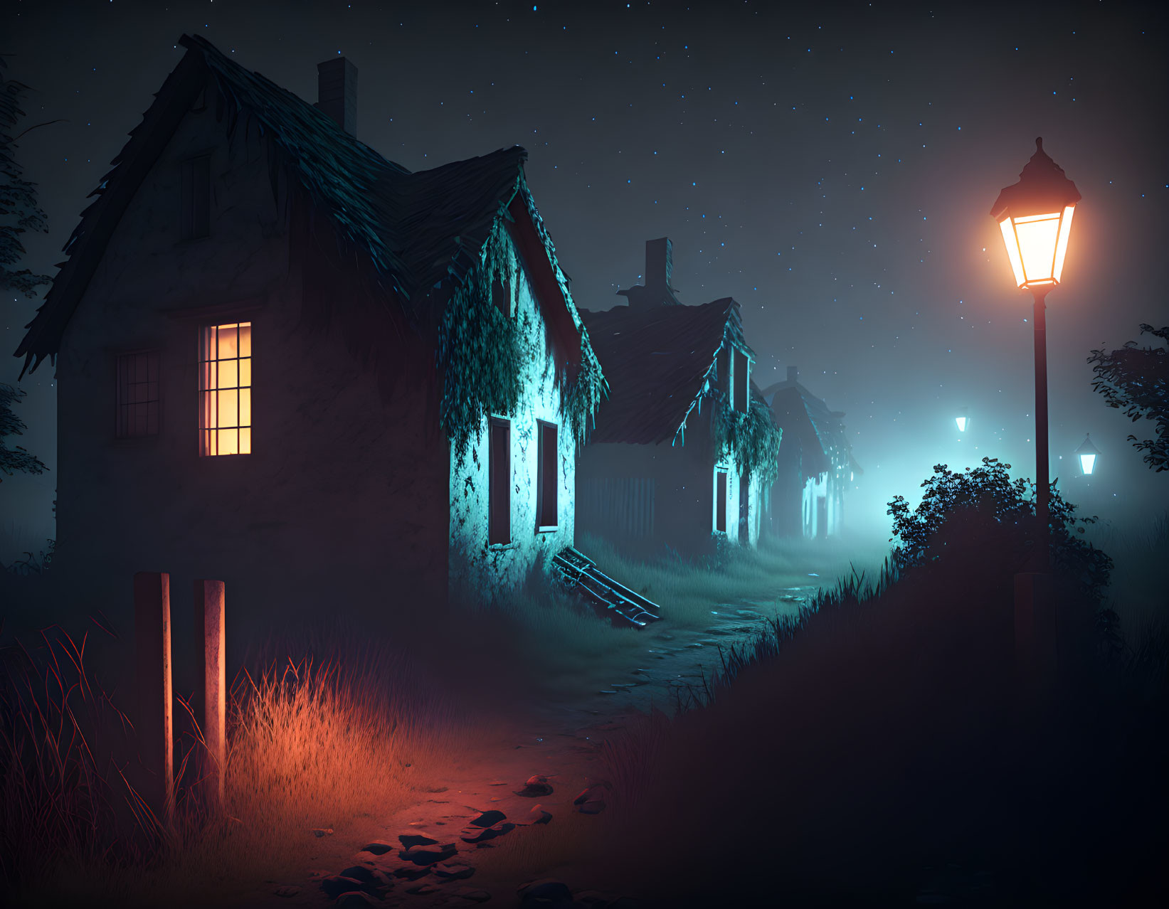 Nighttime village scene with glowing street lamp, illuminated windows, and twinkling stars in mist