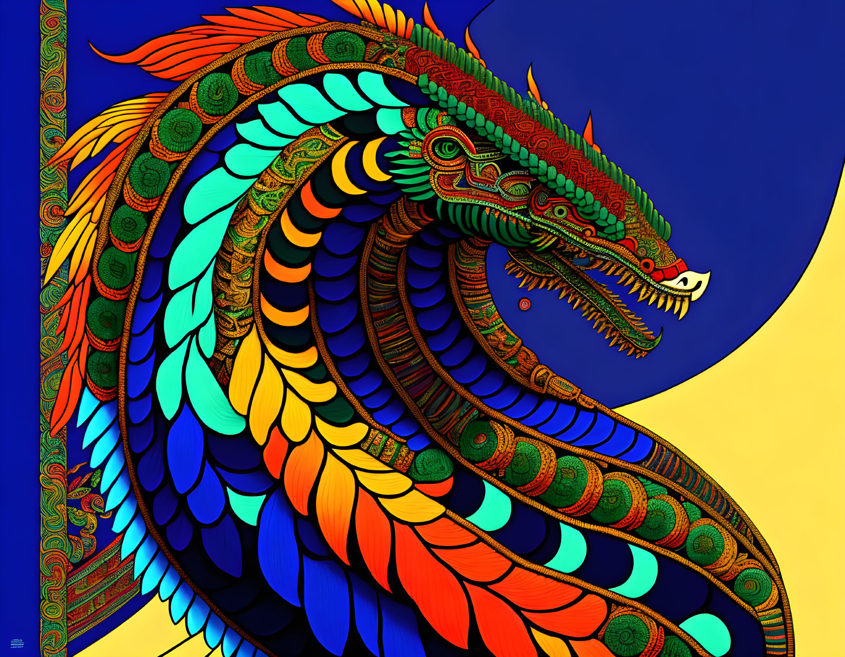 Multicolored digital illustration of a serpentine dragon on blue and yellow background