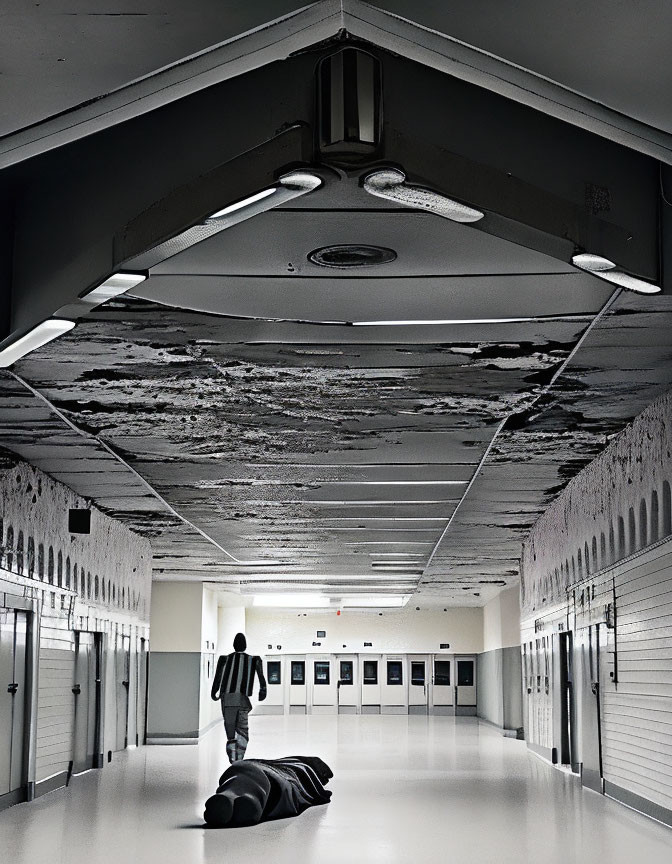 Abandoned hallway with peeling paint, lockers, and bag on floor