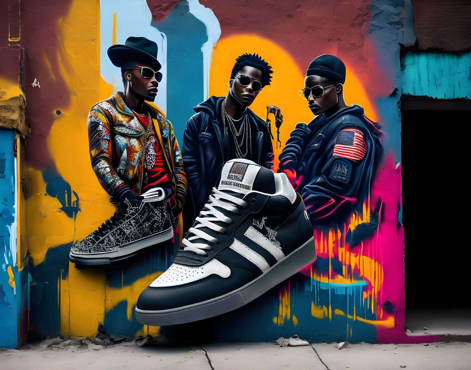 Fashionable trio with sneaker in front of graffiti wall