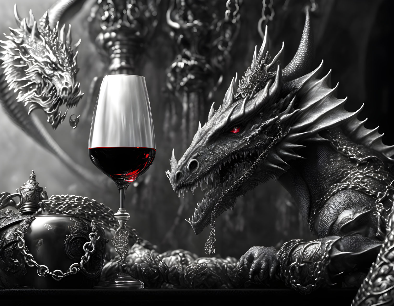 Monochromatic dragon art with red wine glass & medieval motifs