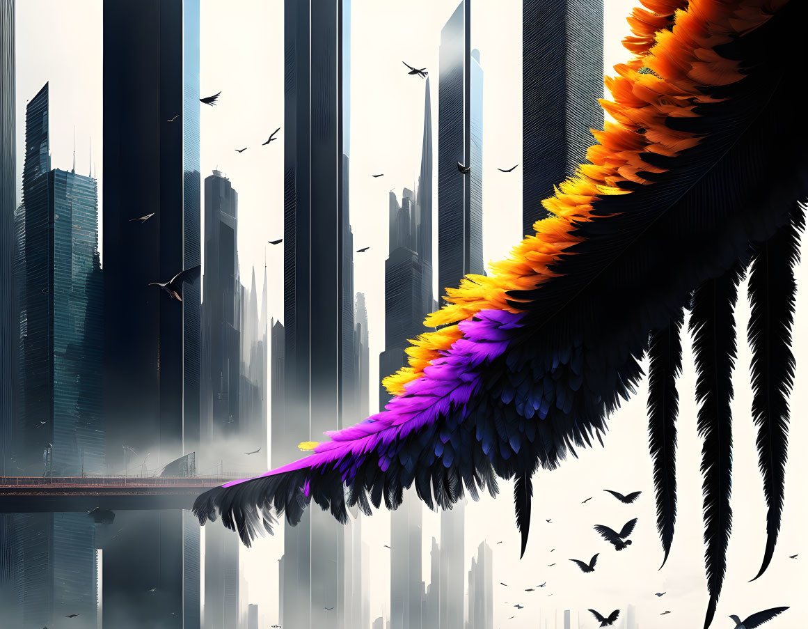 Multicolored bird wing over futuristic cityscape with skyscrapers.