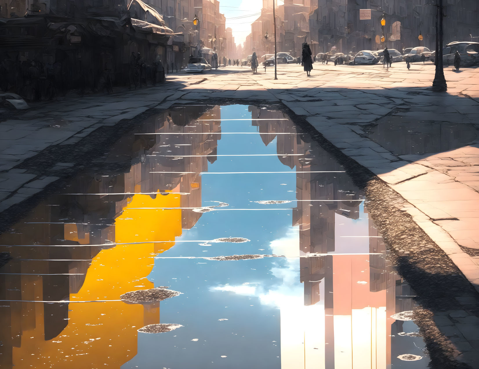 City street reflection: Sunlit buildings, walking person, long shadows in puddle