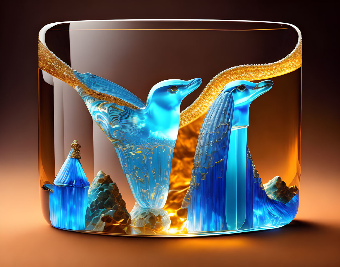 Blue bird glass sculpture in fantastical landscape with golden tails and amber backdrop