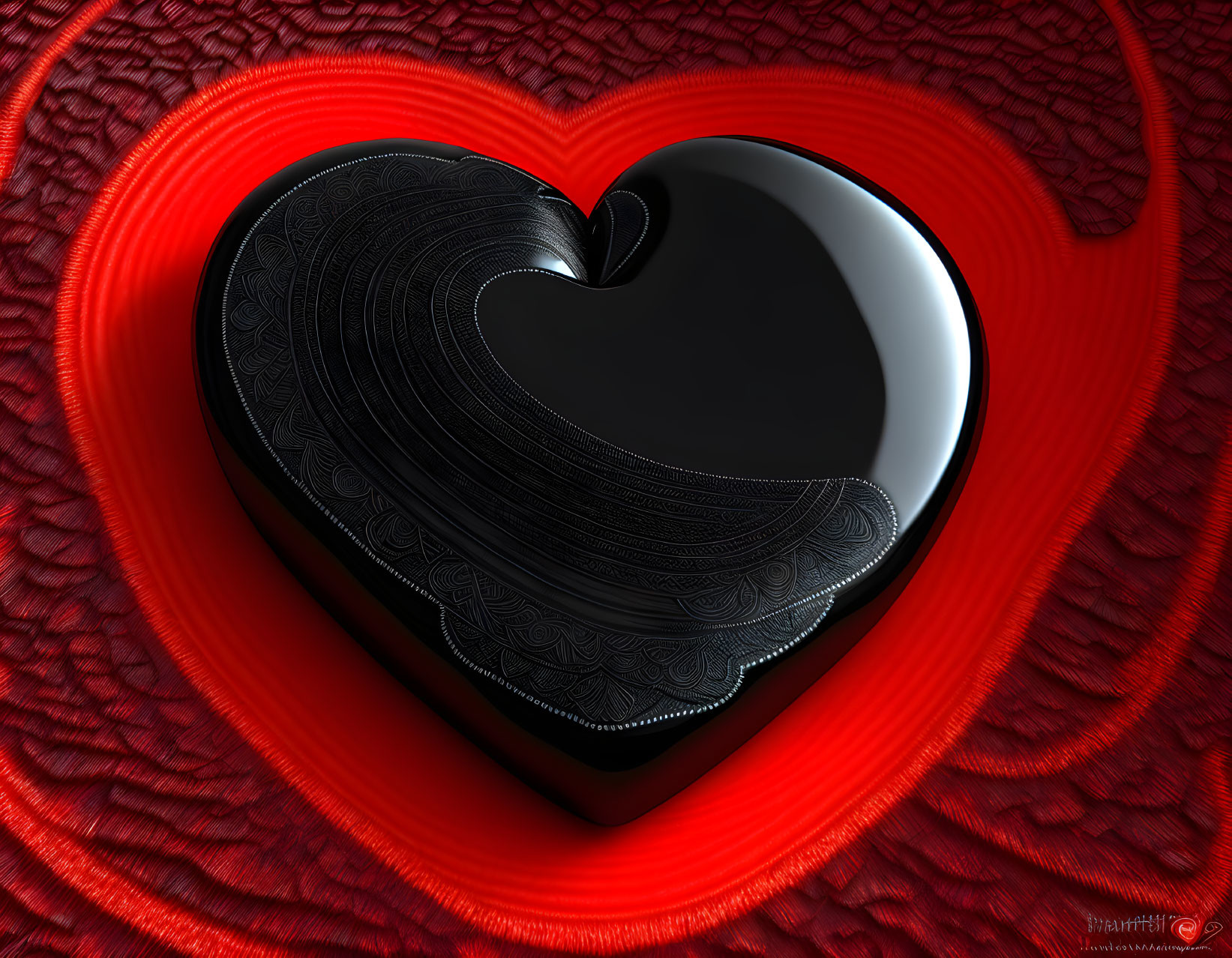 Stylized black heart with intricate patterns in red frame on crimson background