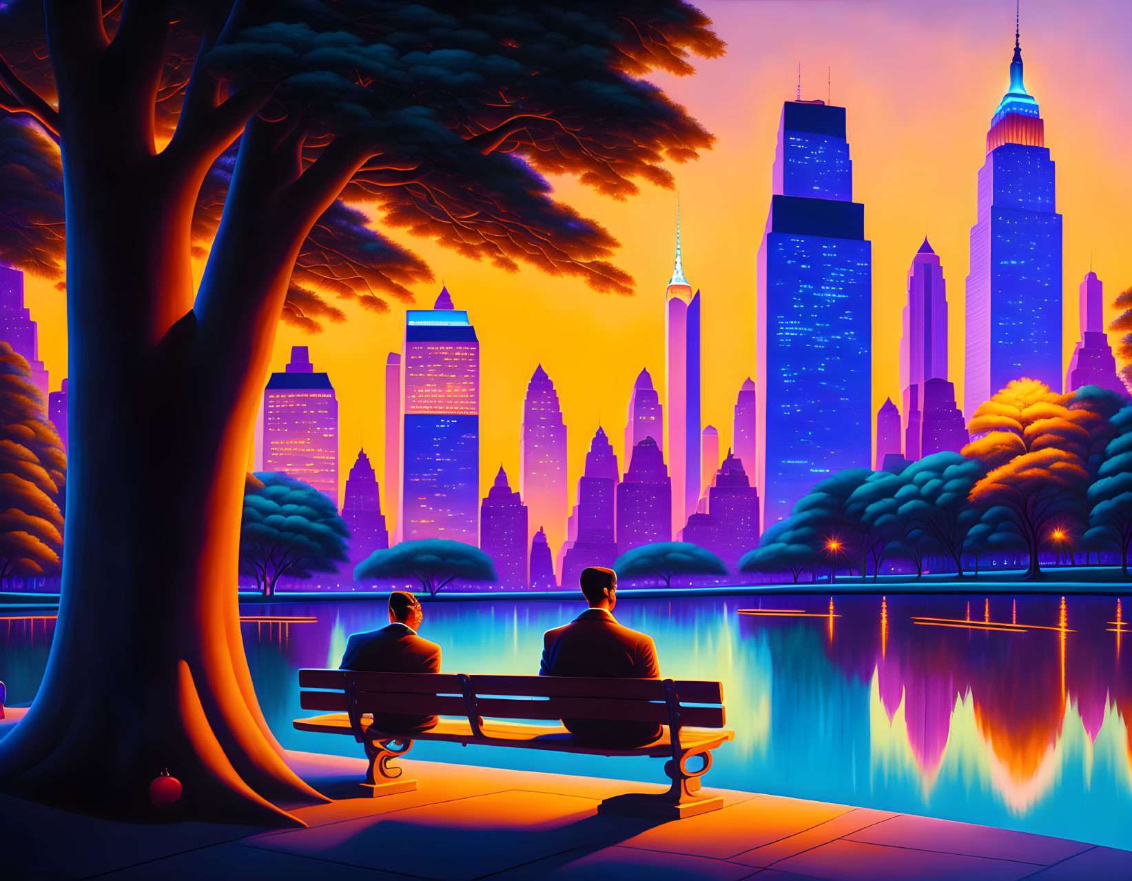 City skyline at dusk with two people on park bench