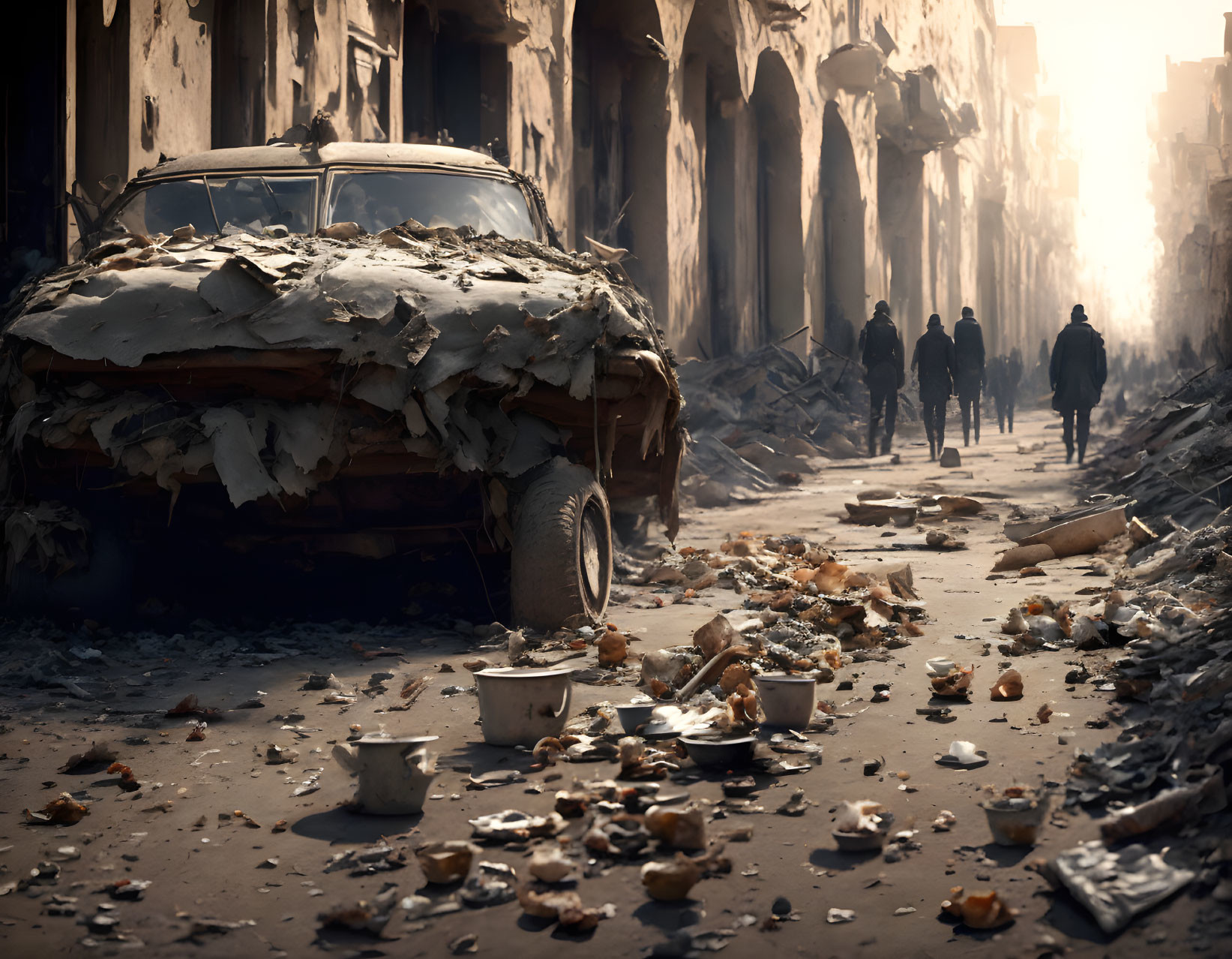 Abandoned damaged car in desolate street with people walking away