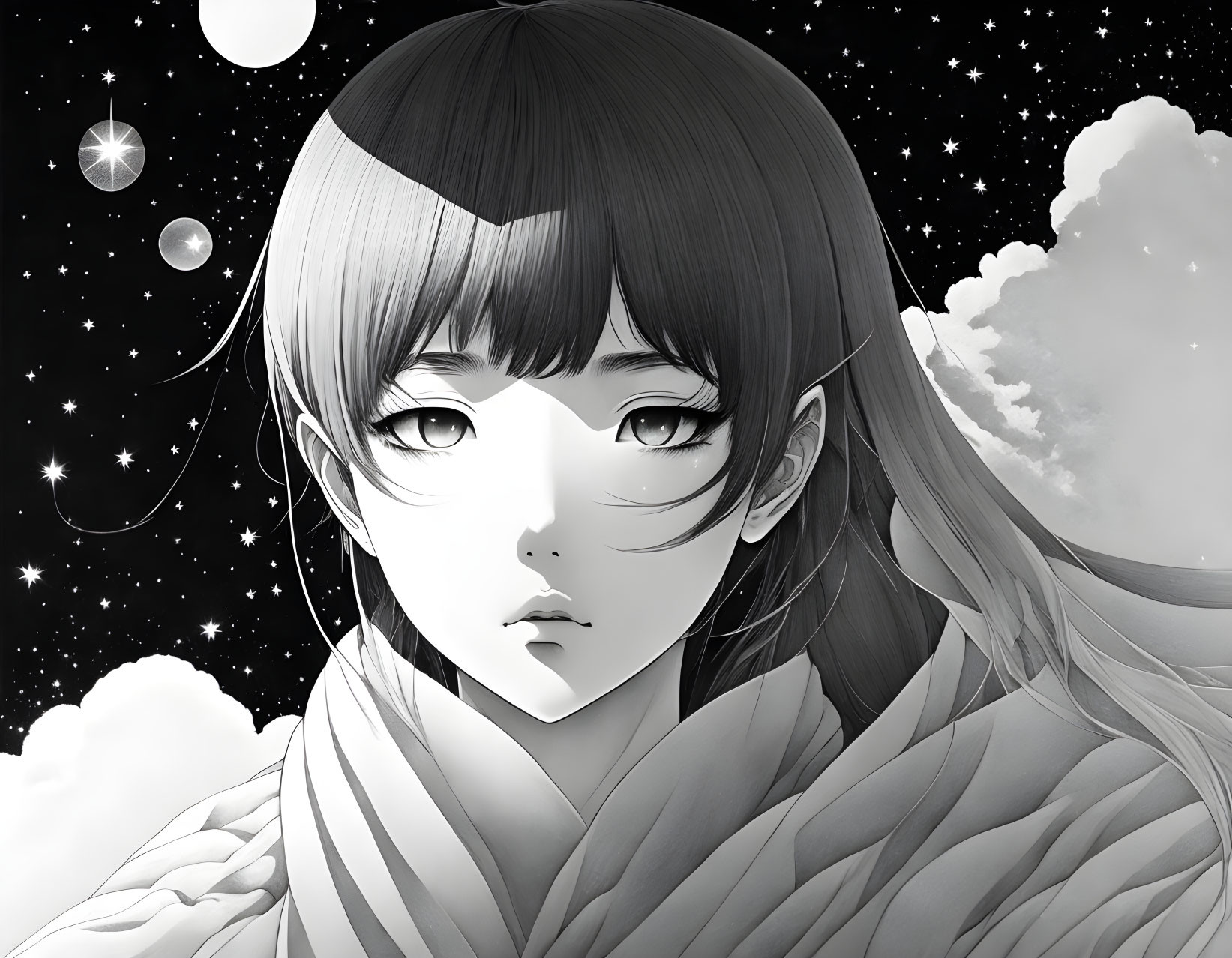 Monochrome illustration of girl with expressive eyes and starry background