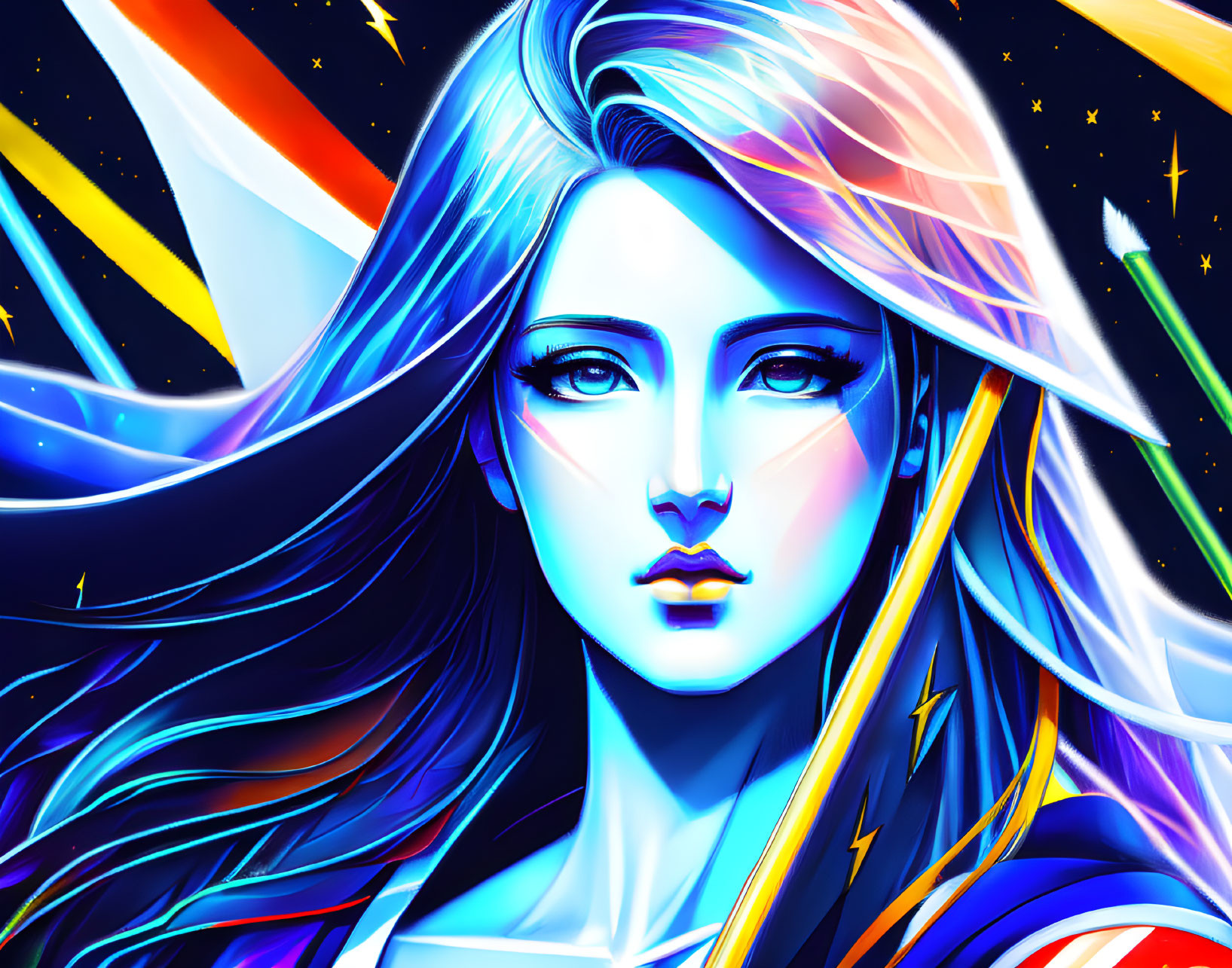 Colorful digital artwork: Woman with blue hair, neon colors, dynamic lines & cosmic theme