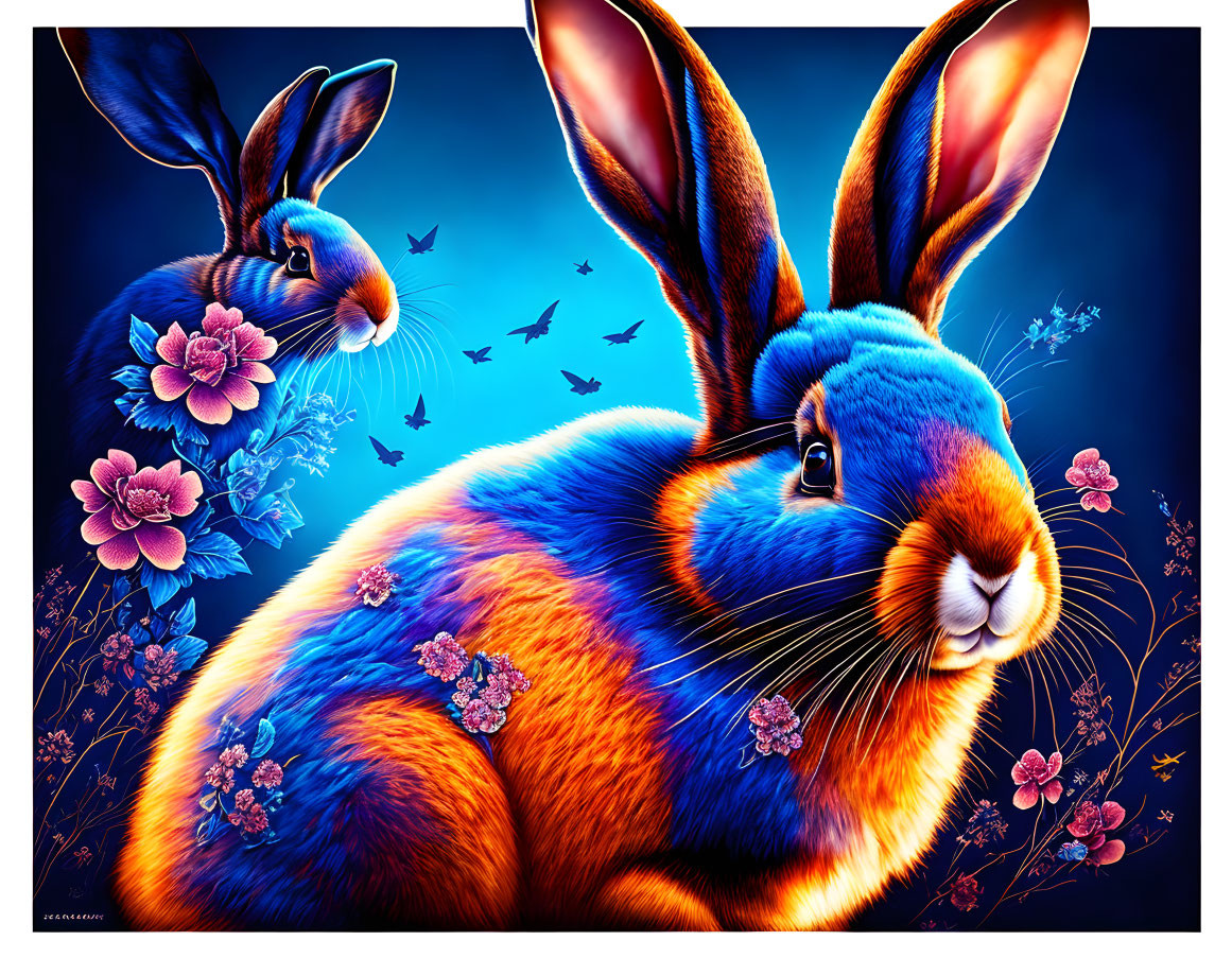 Colorful floral patterned blue rabbits on dark blue background with flying birds