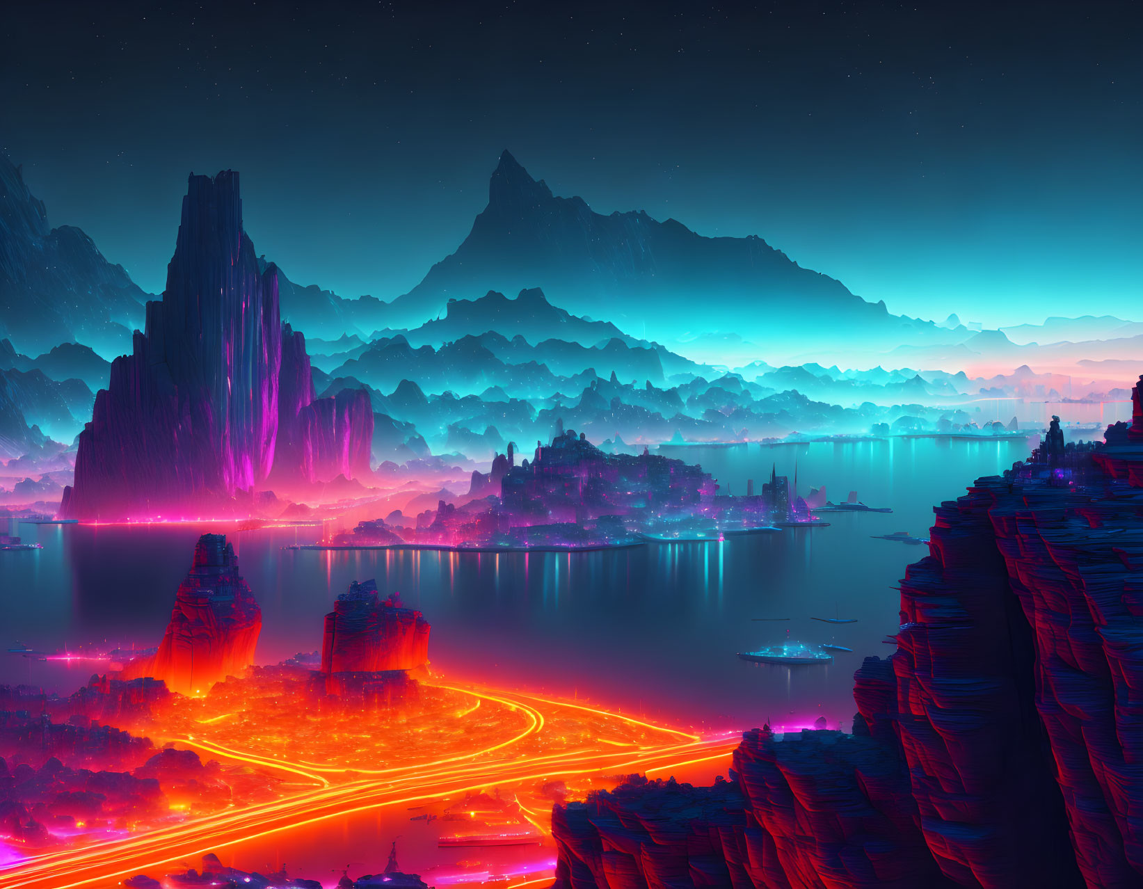 Neon-lit futuristic landscape with mountains & cityscape