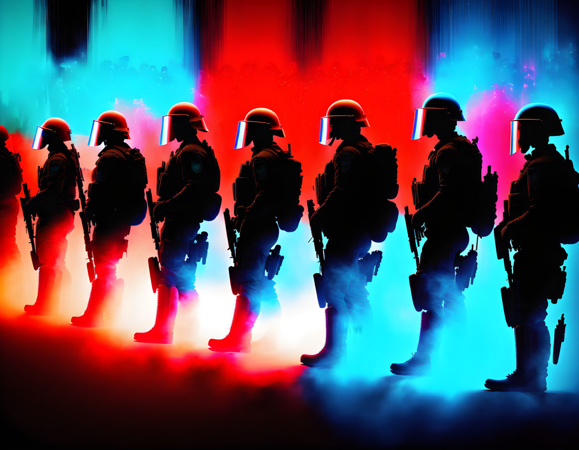 Silhouetted Figures in Helmets and Armor Against Red and Blue Backlight