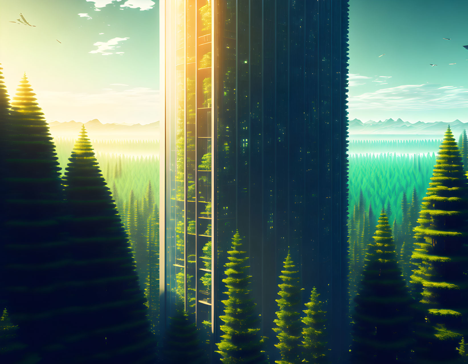 Surreal forest digital art: tall pine trees, bright sun, glowing anomaly, flying birds