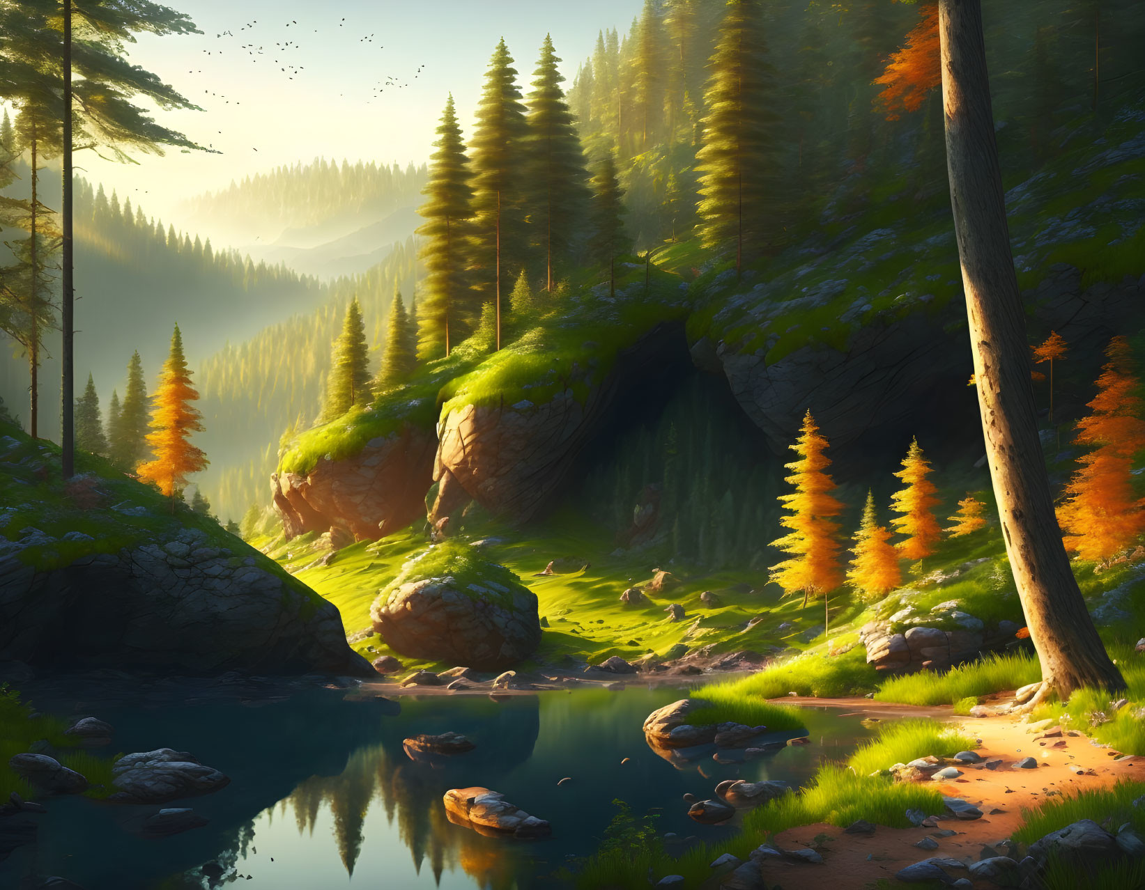 Tranquil forest scene with river, tall pines, autumn trees, sunlight, and flying birds