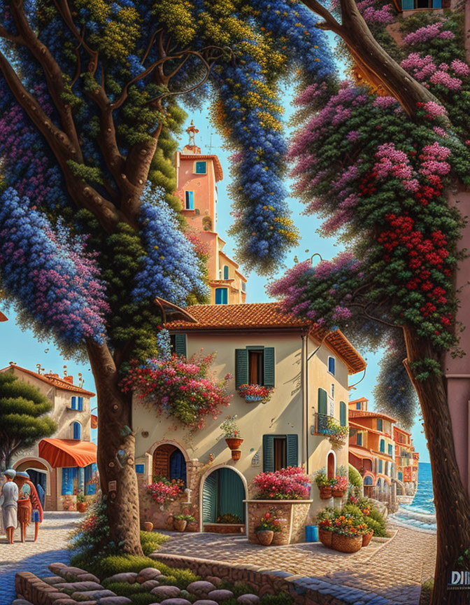 Colorful Mediterranean Alley with Blooming Trees and Charming Buildings