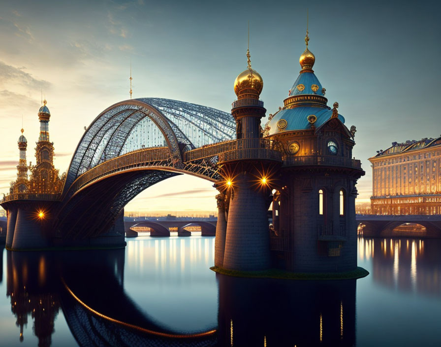 Twilight illuminates ornate bridge with arches and domes over calm waters