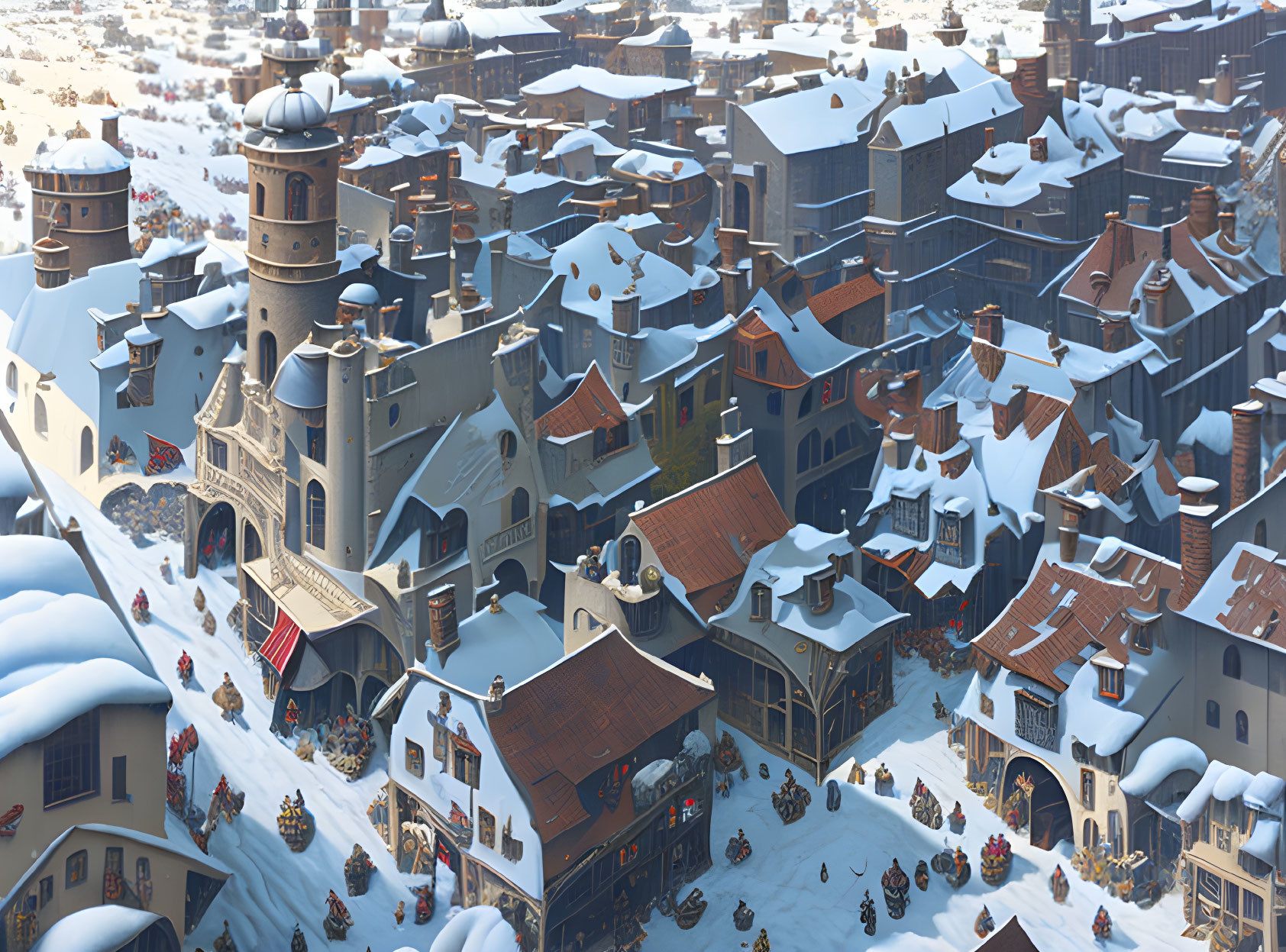 Medieval town in winter with snow-covered roofs and busy streets